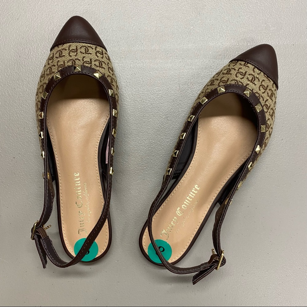 Juicy Couture Flat Slip On Shoe Pointed Toe Poetry Brown Monogram Logo JC Charm